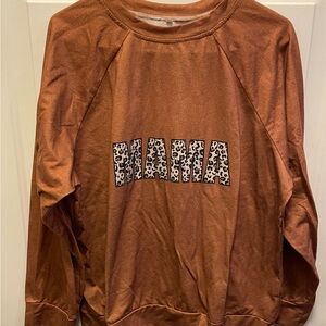 SHEIN Brown Crew Neck Sweater with Leopard Print 'MAMA'